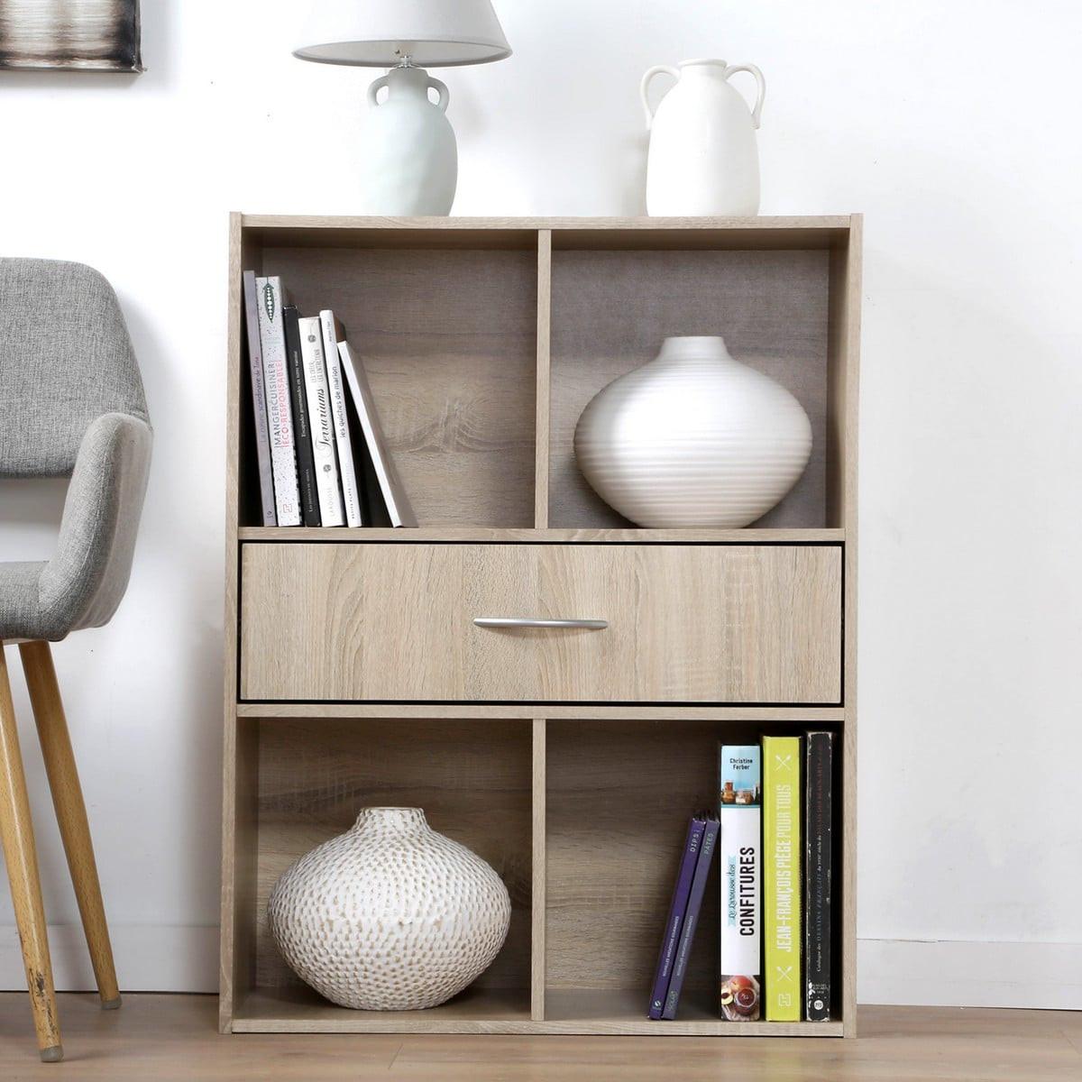 AUFBEWAHRUNGSREGAL 4 Fächer mit einer Schublade - Eschefarben, Holzwerkstoff (29.5/80/62cm) - Calicosy