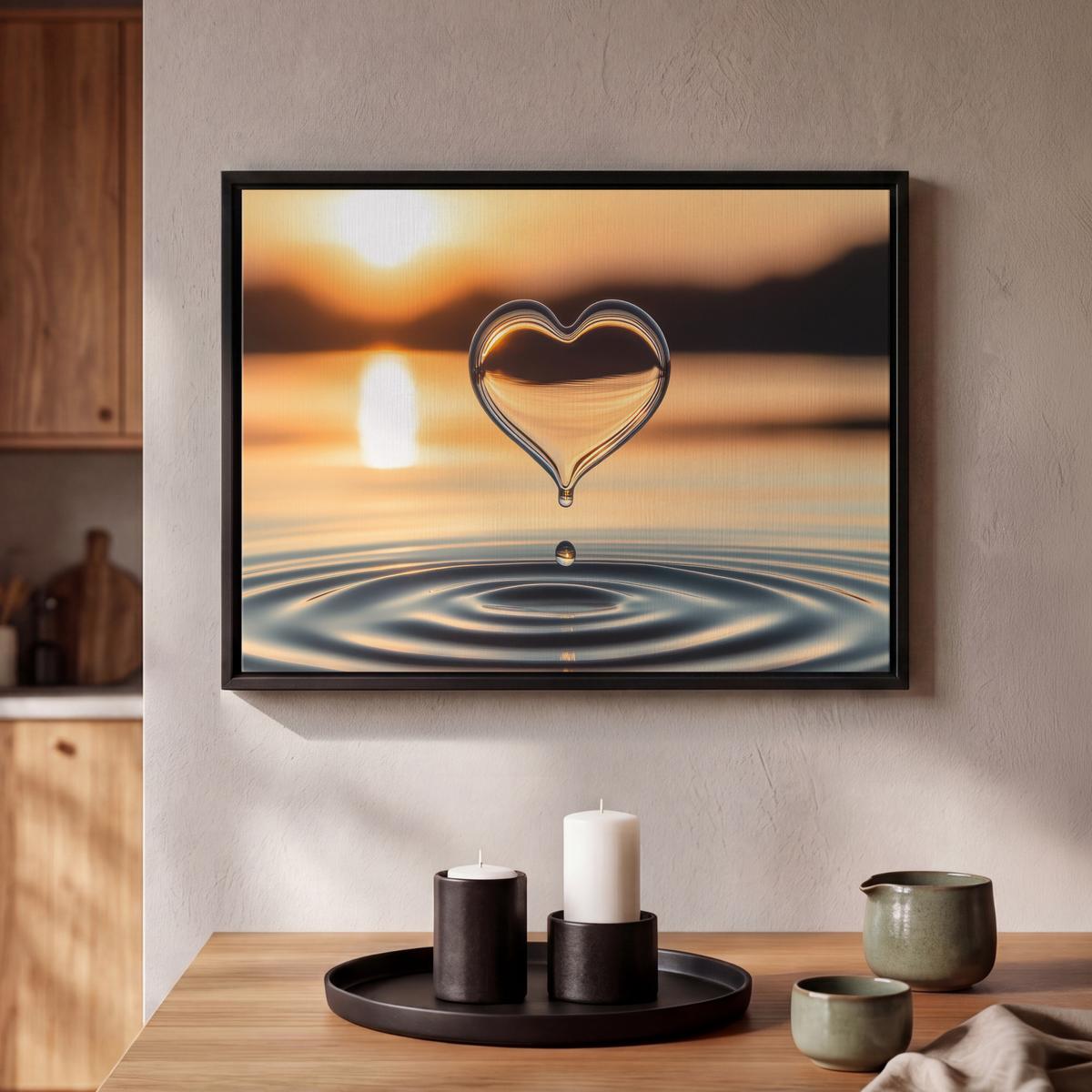 LEINWAND Bilder mit Rahmen - Herz - Wasser - Sonnenuntergang - Natur - Zen - 40x30 - Bernsteinfarben, Textil (40/30cm) - MuchoWow
