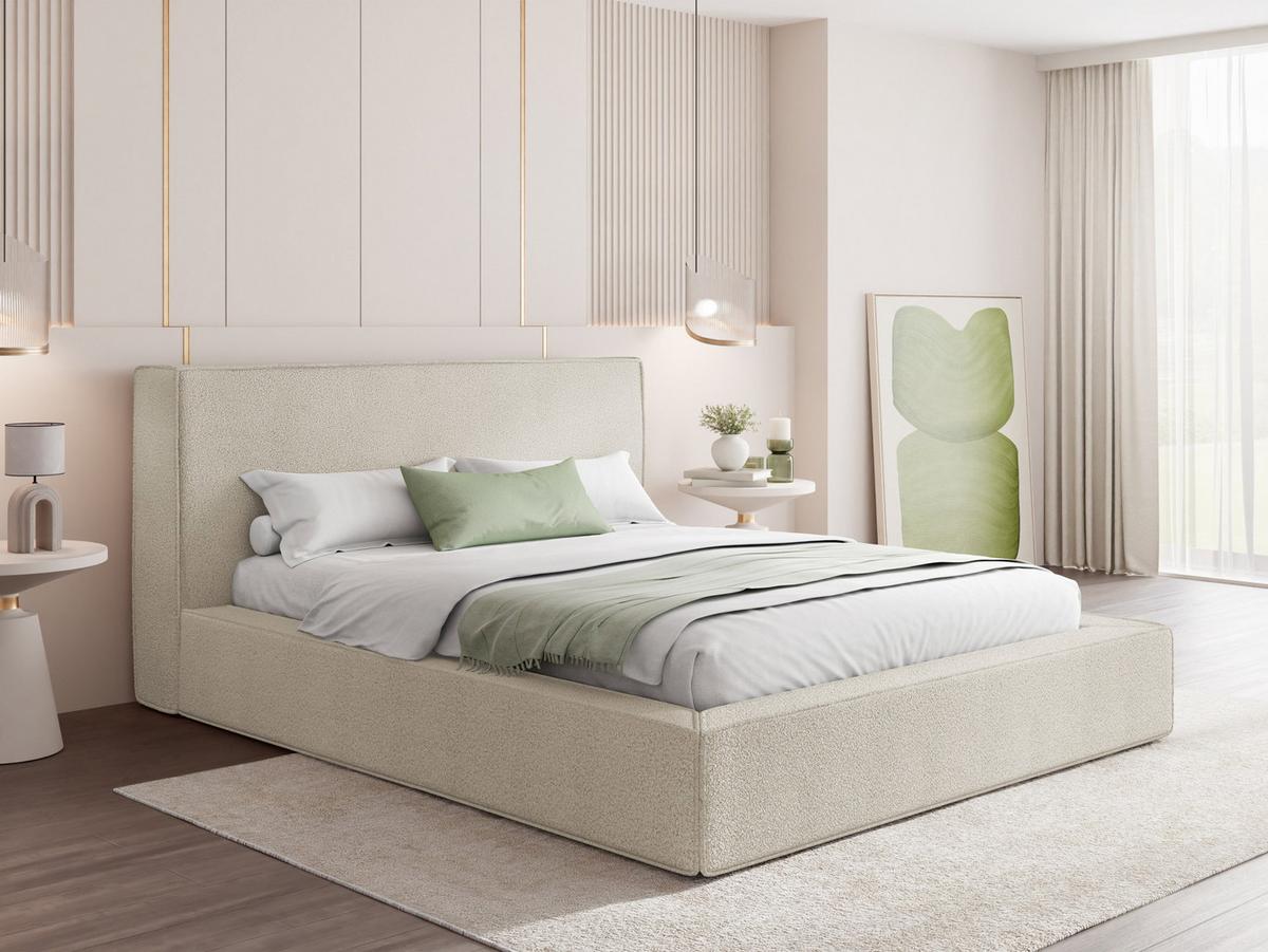 POLSTERBETT Merlin mit Bettkasten, Metall-Lattenrost & hohem Kopfteil in Creme Bouclé 120x200 cm - Birkefarben/Creme, Kunststoff/Textil (120/200cm) - WFL GROUP