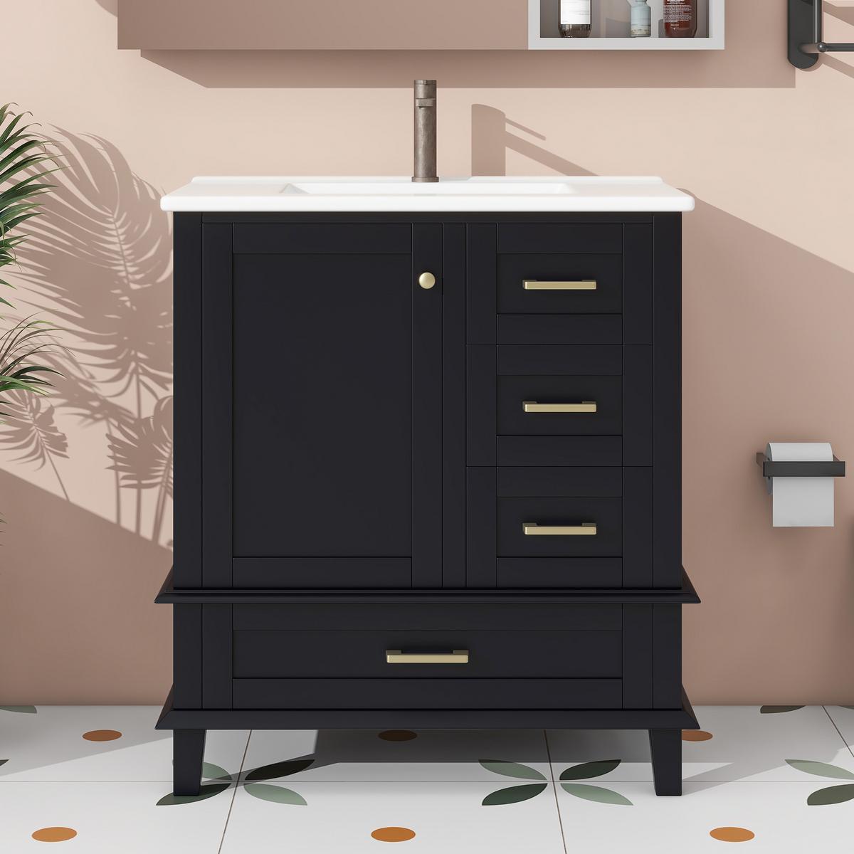 WASCHTISCH Schwarz Freistehend mit Keramikbecken & 3 Schubladen - Schwarz, Holzwerkstoff (76/83.5/45.5cm) - Urban Meuble