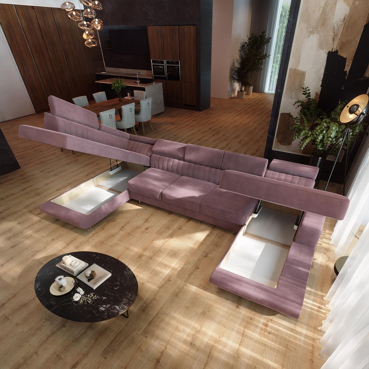 WOHNLANDSCHAFT GAIAN Lila Velours-Stoff mit Schlaffunktion - Lila, Holz (412/88/190cm) - MASSENO