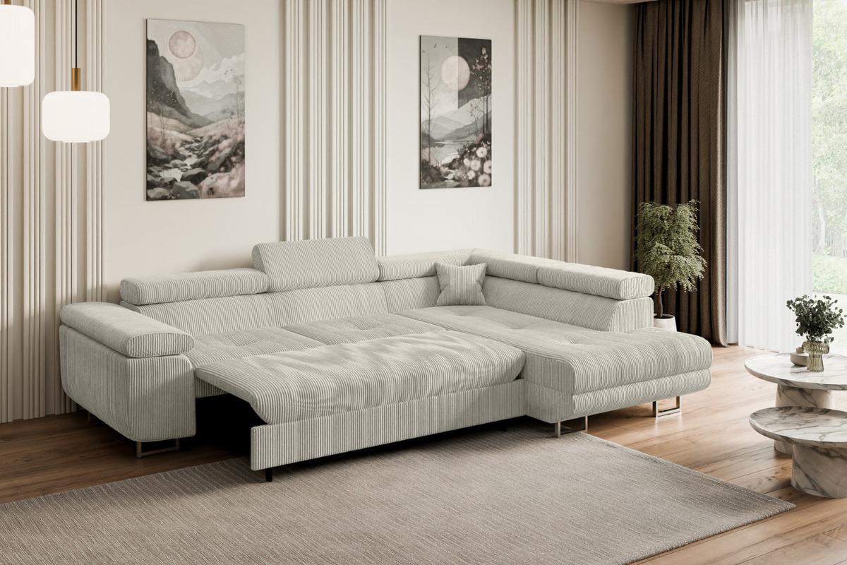 ECKSOFA mit Schlaffunktion und Bettkasten GUSA-L 272x202x107 cm Creme Cord - Silberfarben/Hellgrau, Holzwerkstoff/Textil (272/202cm) - ALTDECOR