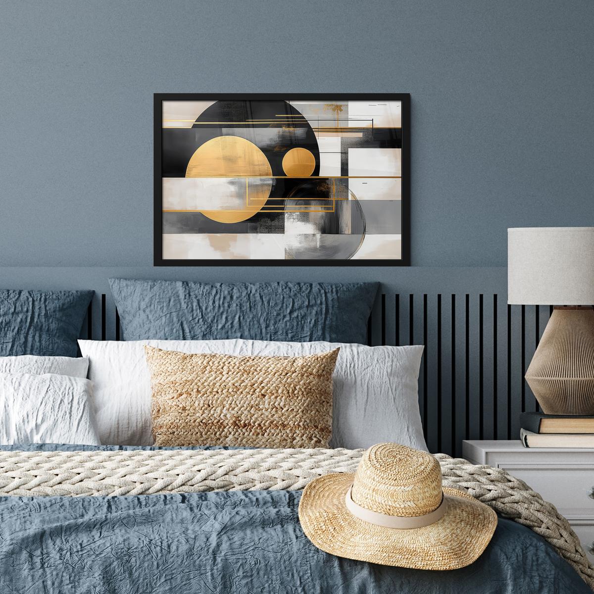 POSTER MIT RAHMENGERAHMTES BILD Abstrakt - Gold - Silber - Formen - Ästhetisch - Modern 60x40 cm - Goldfarben, Papier (60/40cm) - MuchoWow