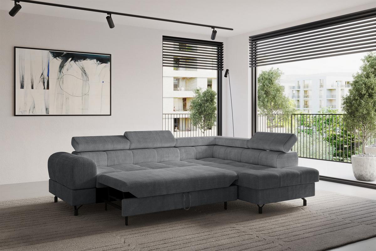 ECKSOFA mit Schlaffunktion Ottomane Rechts LUMA-L 272x203x70 Dunkelgrau Cord - Dunkelgrau/Schwarz, Holzwerkstoff/Kunststoff (203/272cm) - ALTDECOR