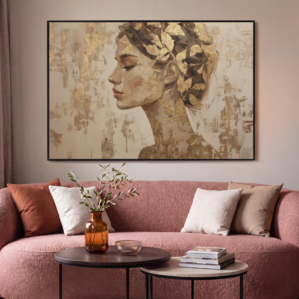 LEINWAND Bilder mit Rahmen - Frau - Gold - Abstrakt - Textur - 140x90 - Goldfarben, Textil (140/90cm) - MuchoWow