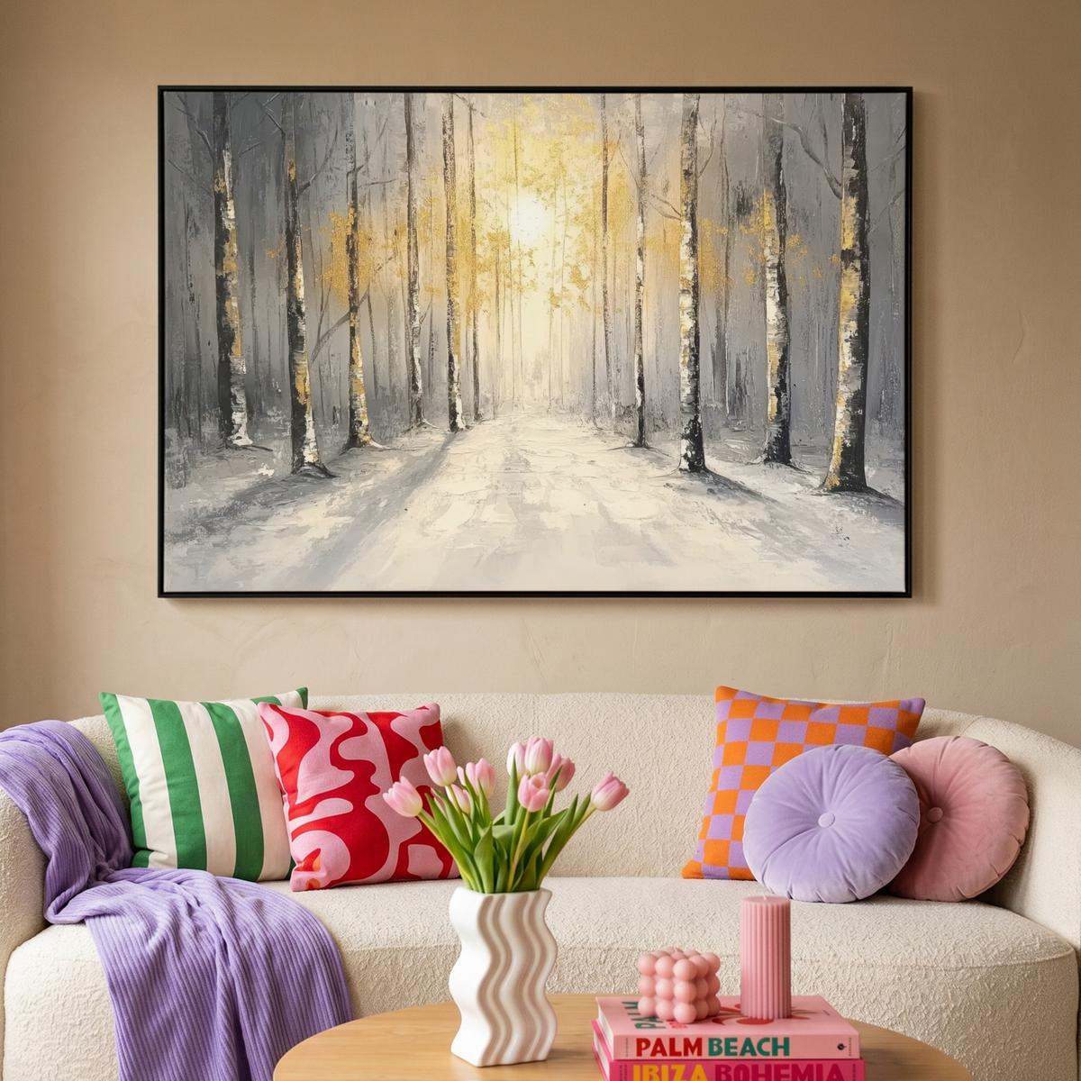 LEINWAND Bilder mit Rahmen - Winter - Abstrakt - Schnee - Natur - Sonne - 140x90 - Grau, Textil (140/90cm) - MuchoWow