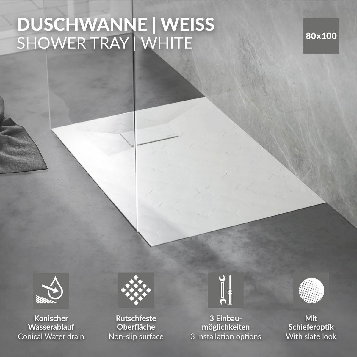 DUSCHWANNE 100x80 cm Weiß mit Ablaufgarnitur aus SMC - Weiß, Kunststoff (80/3/100cm) - LuxeBath