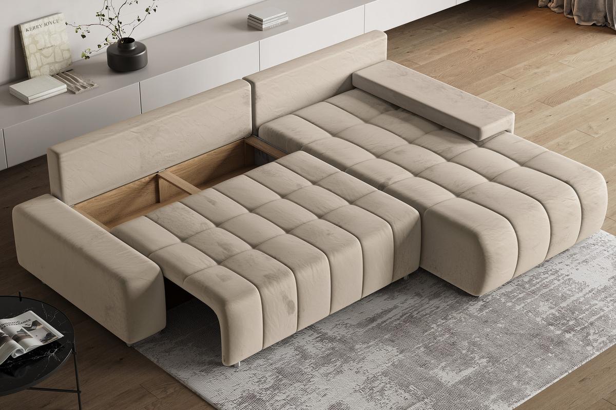 ECKSOFA ALESE R-S Creme Velours-Stoff mit Schlaffunktion - Silberfarben/Creme, Holz/Textil (265/185cm) - MASSENO
