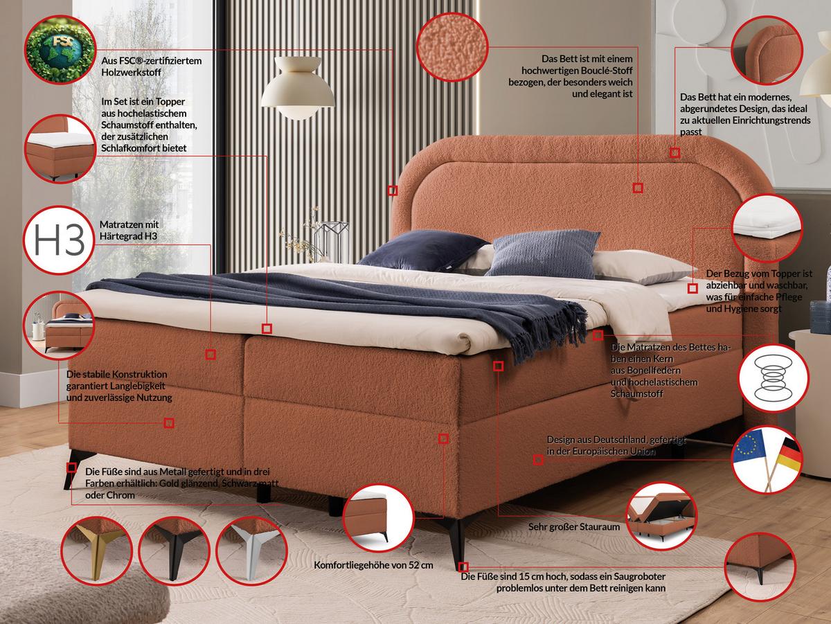 BOXBETT Sonna 140/200 cm Terrakotta Bouclé-Stoff mit abgerundetem Kopfteil und mit schwarzen Metallfüße - Terracotta/Schwarz, Holz/Textil (140/200cm) - S-Style Möbel