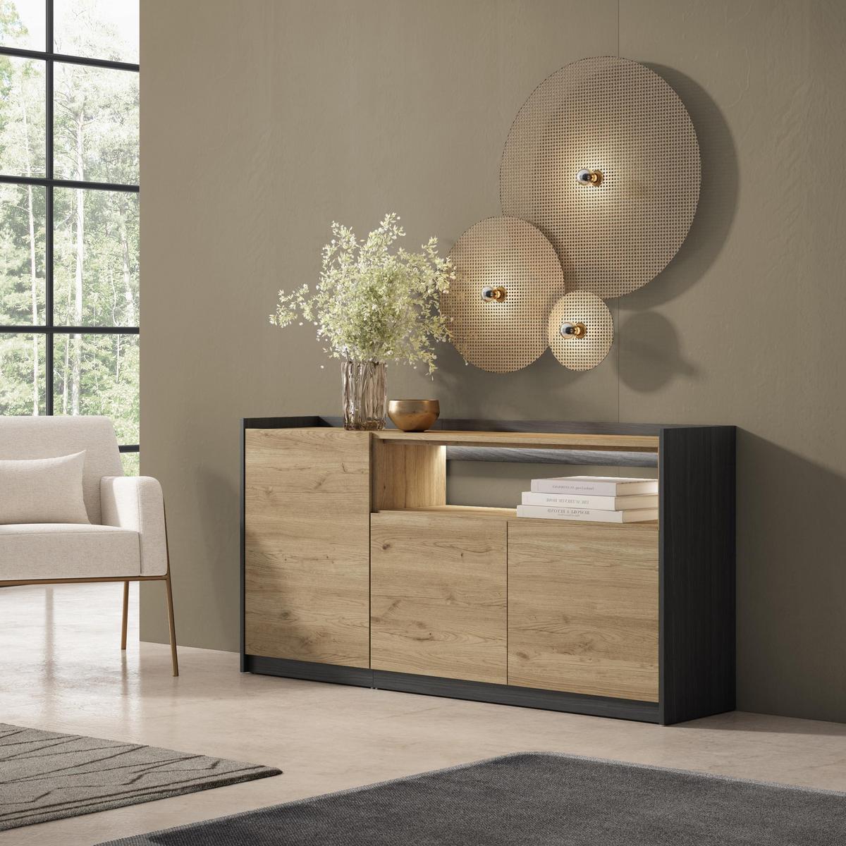 SIDEBOARD, Eiche und Schwarz, 156/37/80cm, mit Led - Eichefarben, Holzwerkstoff (156/80/37cm) - Skraut Home