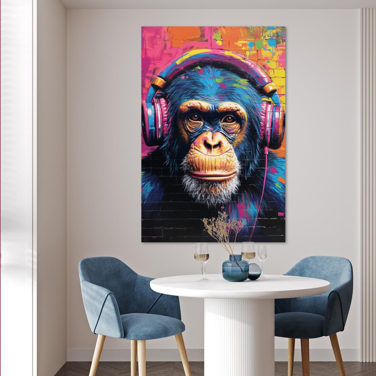 POSTER Graffiti - Schimpanse - Straßenkunst - Kopfhörer - Affe Wandbild Schlafzimmer 80x120 cm - Blau, Papier (80/120/0.1cm) - MuchoWow