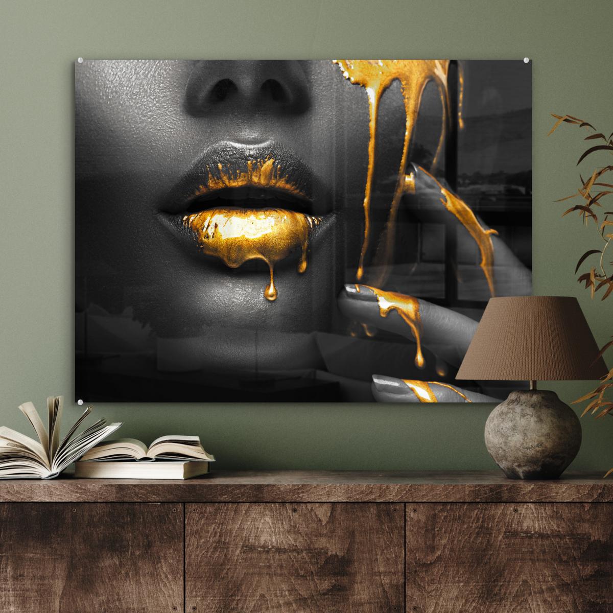 ACRYLGLASBILD Frau - Schwarz - Gold - Gesicht - Lippen 80x60 cm - Goldfarben, Glas (80/60cm) - MuchoWow