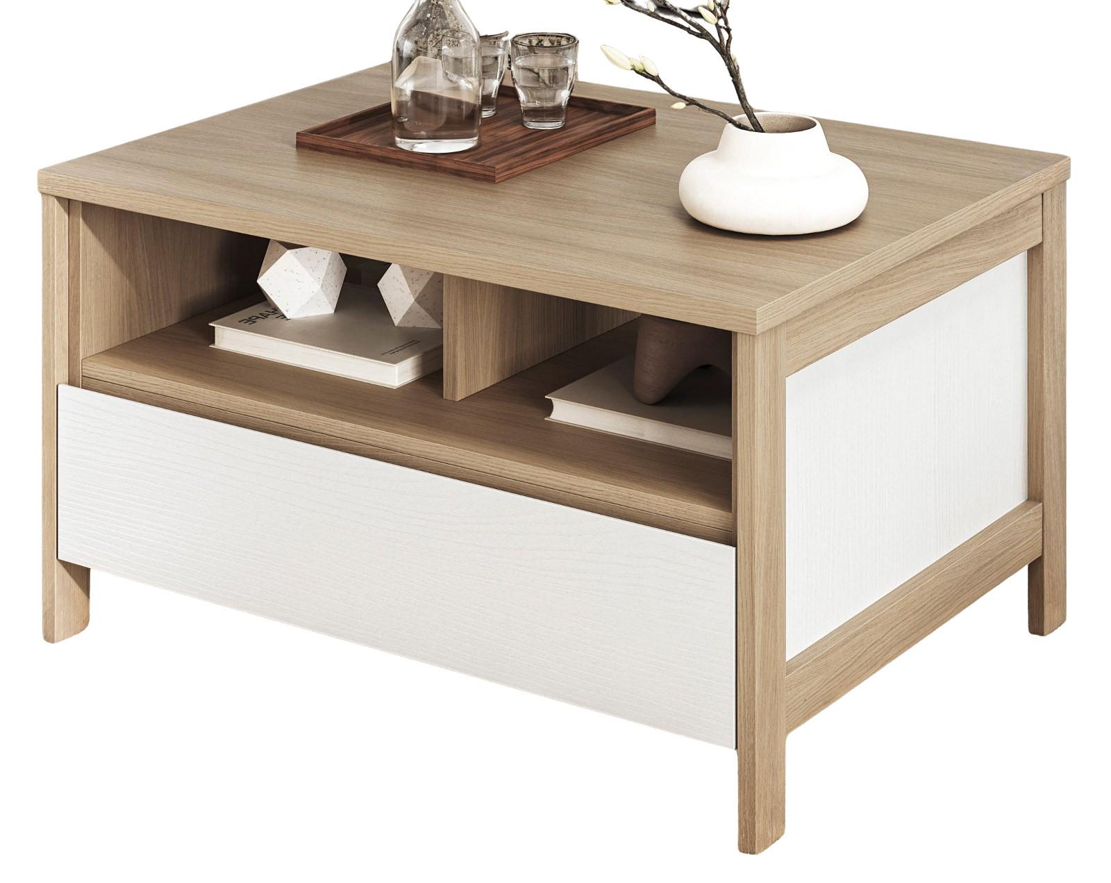 COUCHTISCH weiß und Eiche, Beistelltisch skandinavisch, 80 x 60 cm, Soft-Close, Finnes - Eichefarben/Weiß, Holzwerkstoff (60/80/46cm) - Furn.Design