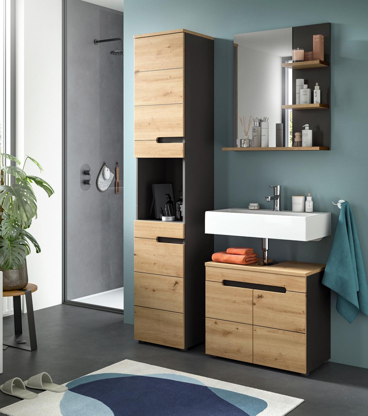 HOCHSCHRANK Eiche, grau 38 x 193 cm, Badschrank mit Soft-Close - Eiche Artisan/Grau, Holzwerkstoff/Kunststoff (38/193/34cm) - Inn.Furn