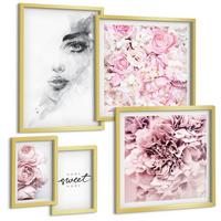 BILDER SET 5er Set - 50x50 cm & 20x30 cm & 40x60 cm Goldrahmen - Pfingstrosenporträt einer Frau zu Hause - Goldfarben, Kunststoff (40/60cm) - TULUP