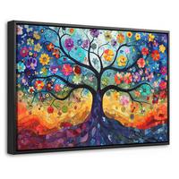 LEINWAND Bilder mit Rahmen - Kunst - Baum des Lebens - Blumen - Hippie - 60x40 - Dunkelblau, Textil (60/40cm) - MuchoWow