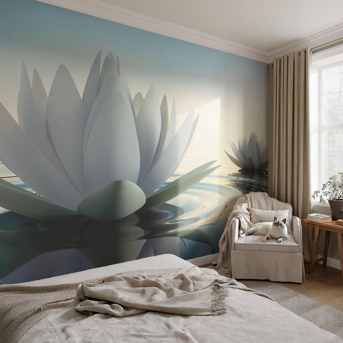 FOTOTAPETE 312x219 cm - Seerosen - Weiß, Textil (312/219cm) - Wallfluent