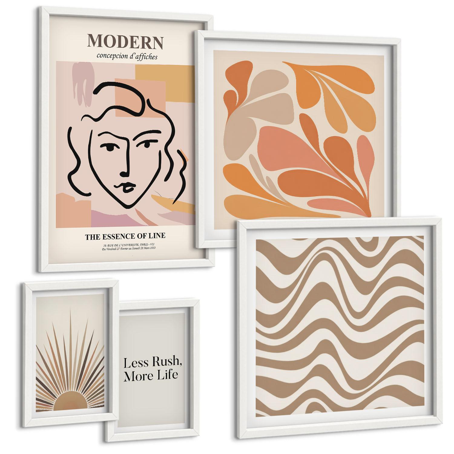 BILDER SET 5er Set - 50x50 cm & 20x30 cm & 40x60 cm Weißer Rahmen - Sonnen-Boho-Pastelltönen - Weiß, Kunststoff (40/60cm) - TULUP