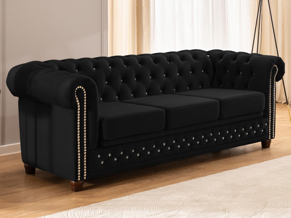 CHESTERFIELD-SOFA 3-Sitzer mit Schlaffunktion Cleo Blink Schwarz Samt mit Kristallsteppung und braunen Massivholzfüßen - Schwarz/Braun, Holz/Textil (203/72/86cm) - S-Style