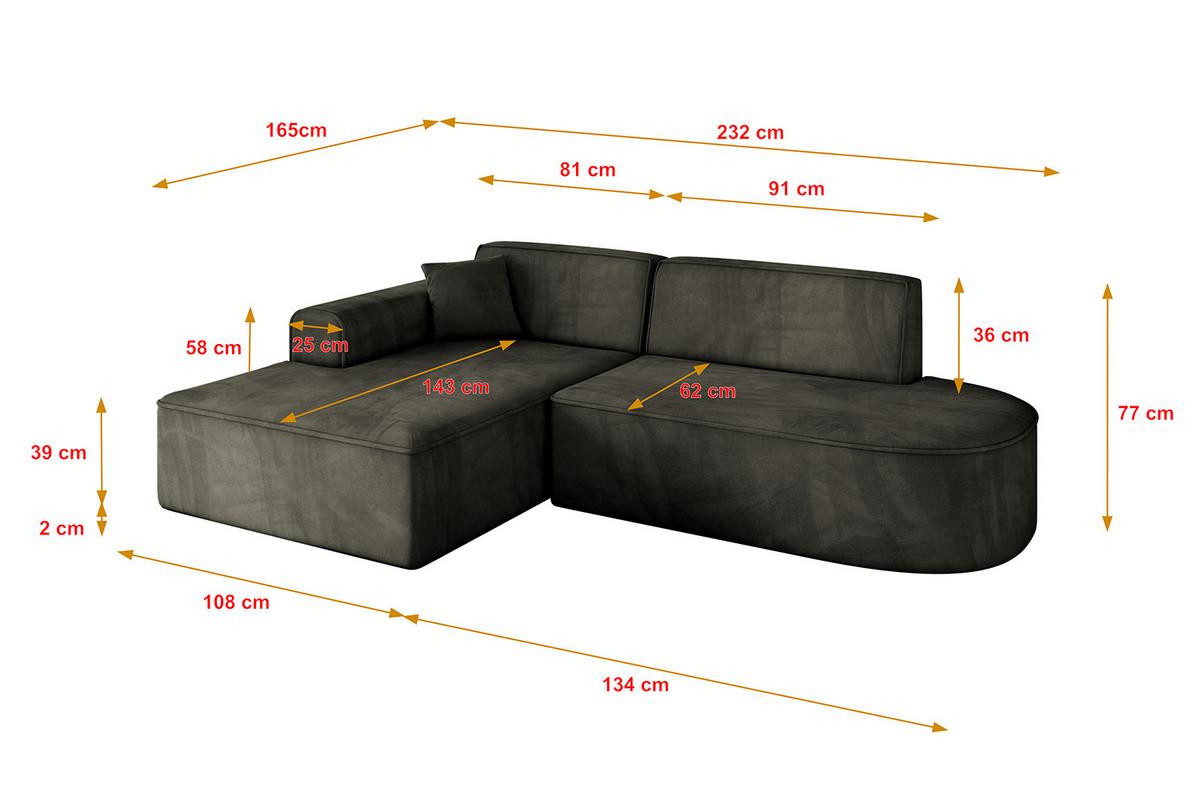 ECKSOFA Ottomane Links IREA-L1-v3 - 232x165x77 cm Schwarz - Schwarz, Holzwerkstoff/Textil (232/165cm) - ALTDECOR