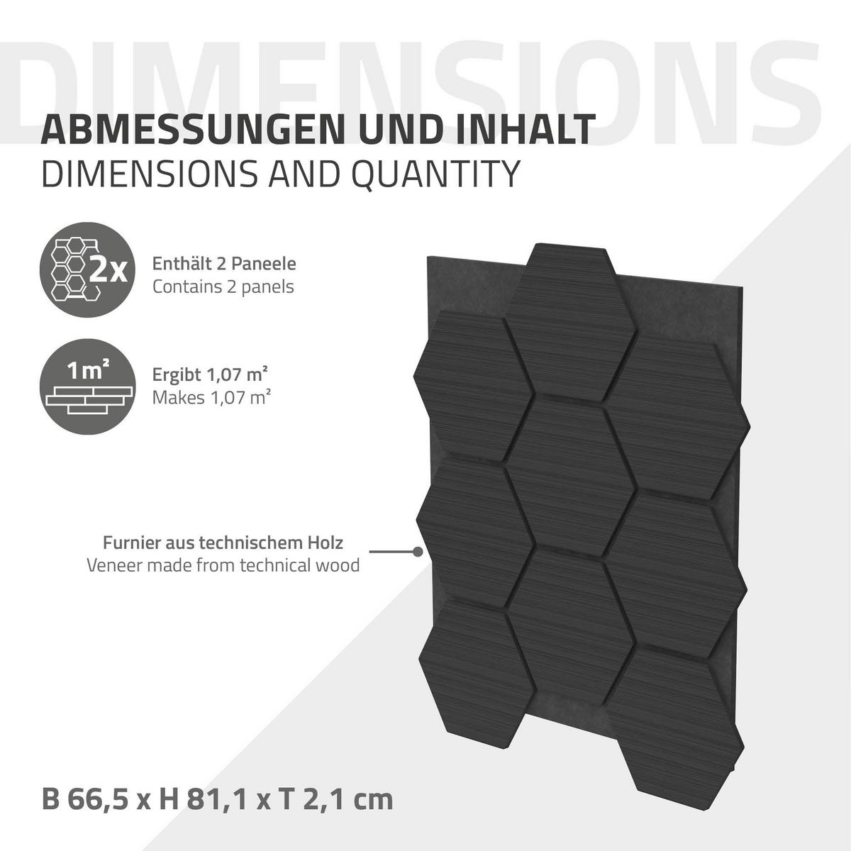 AKUSTIKPANEEL 2er Set Schallschutzplatten Hexagon Schwarz Holzoptik 66x81x2 cm aus Filz - Schwarz, Holzwerkstoff (2.1/81.1/66.6cm) - ML-DESIGN