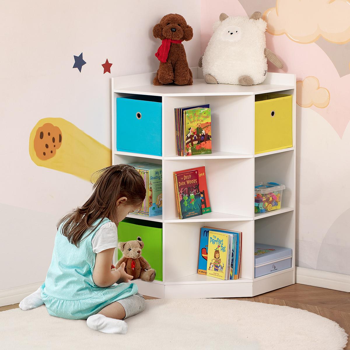 KINDERREGAL Eckregal mit 3 Aufbewahrungsboxen Kinderzimmer Spielzeugablage Weiß - Weiß, Holzwerkstoff (57.4/94/57.4cm) - HOMCOM