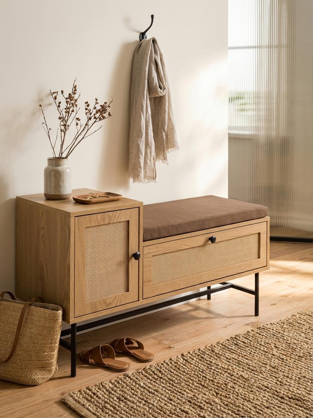 SCHUHBANK – Eiche-Dekor, 100x60x38 cm, Rattan-Elemente, gepolstert, mit Stauraum - Beige/Schwarz, Textil/Metall (100/60/38cm) - KADIMA DESIGN