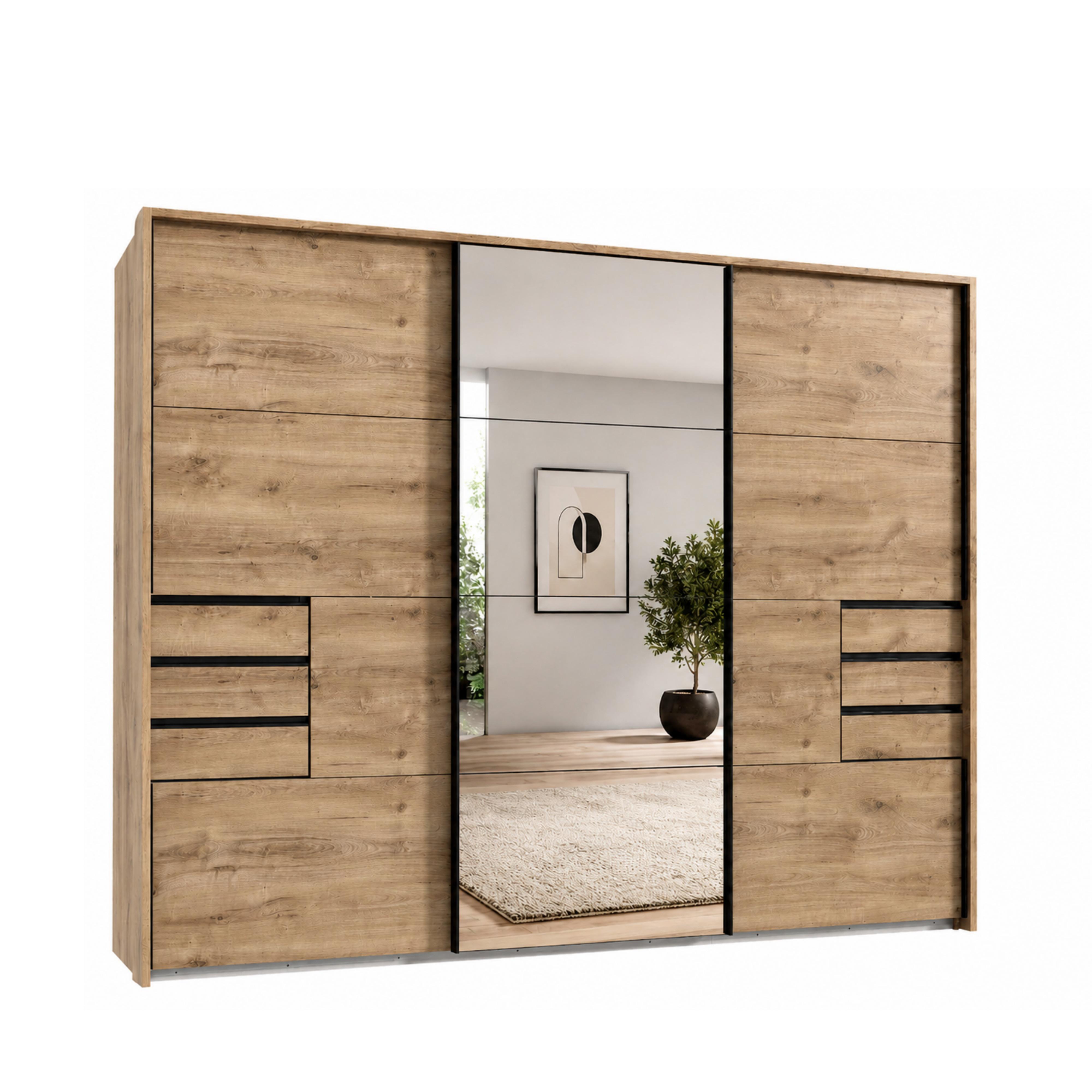 SCHWEBETÜRENSCHRANK 3-türig B273/H213/T64 cm, Eiche Dekor/Spiegel, Passepartout-Kleiderschrank mit Schubladen & Vollausstattung / 22618 - Eichefarben/Schwarz, Holzwerkstoff/Metall (273/213/64cm) - luma-home