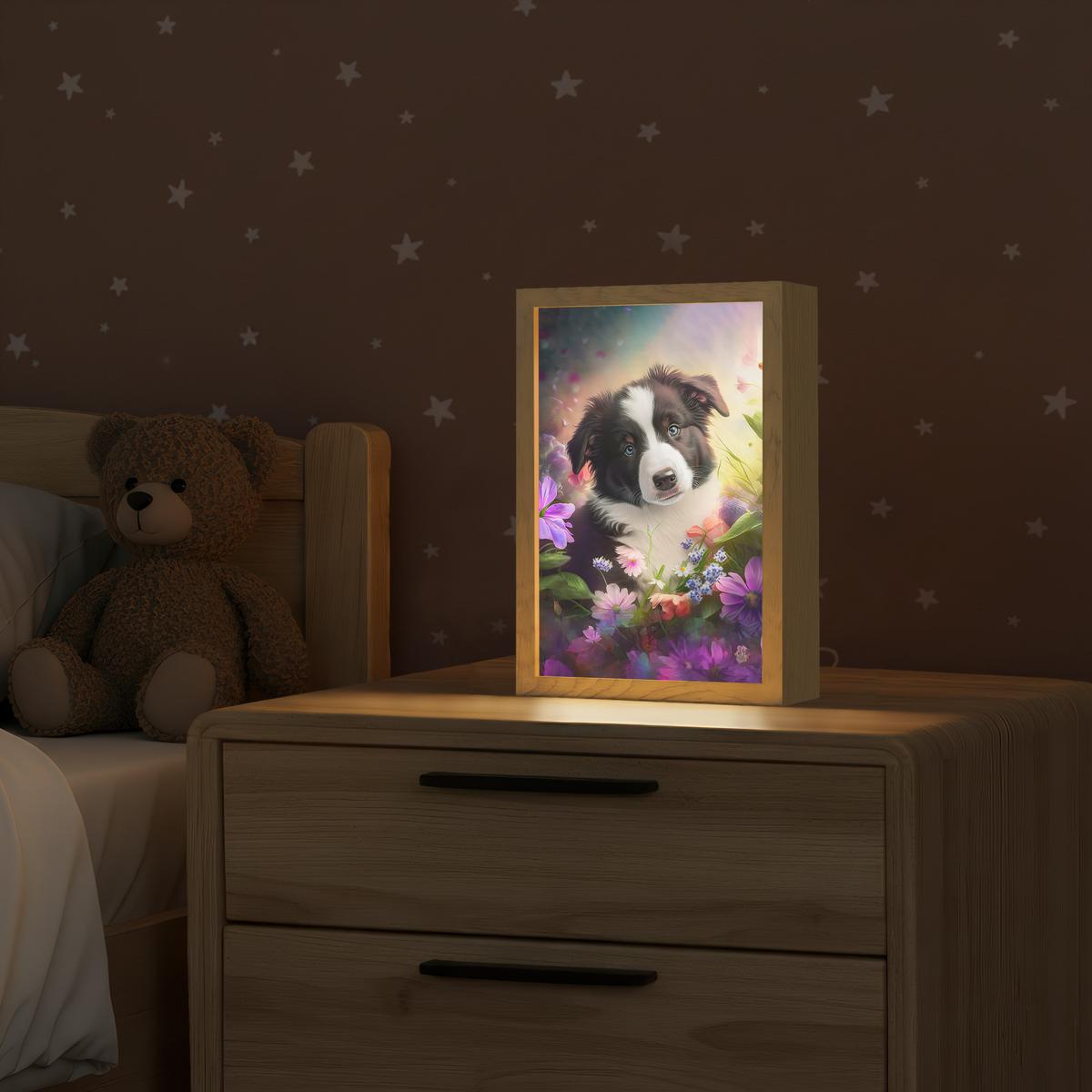 WANDLEUCHTE Welpe - Sonne - Blumen - Natur - Border Collie - Hund 20x30 cm - Violett, Holzwerkstoff (20/30/8cm) - OnlyWow