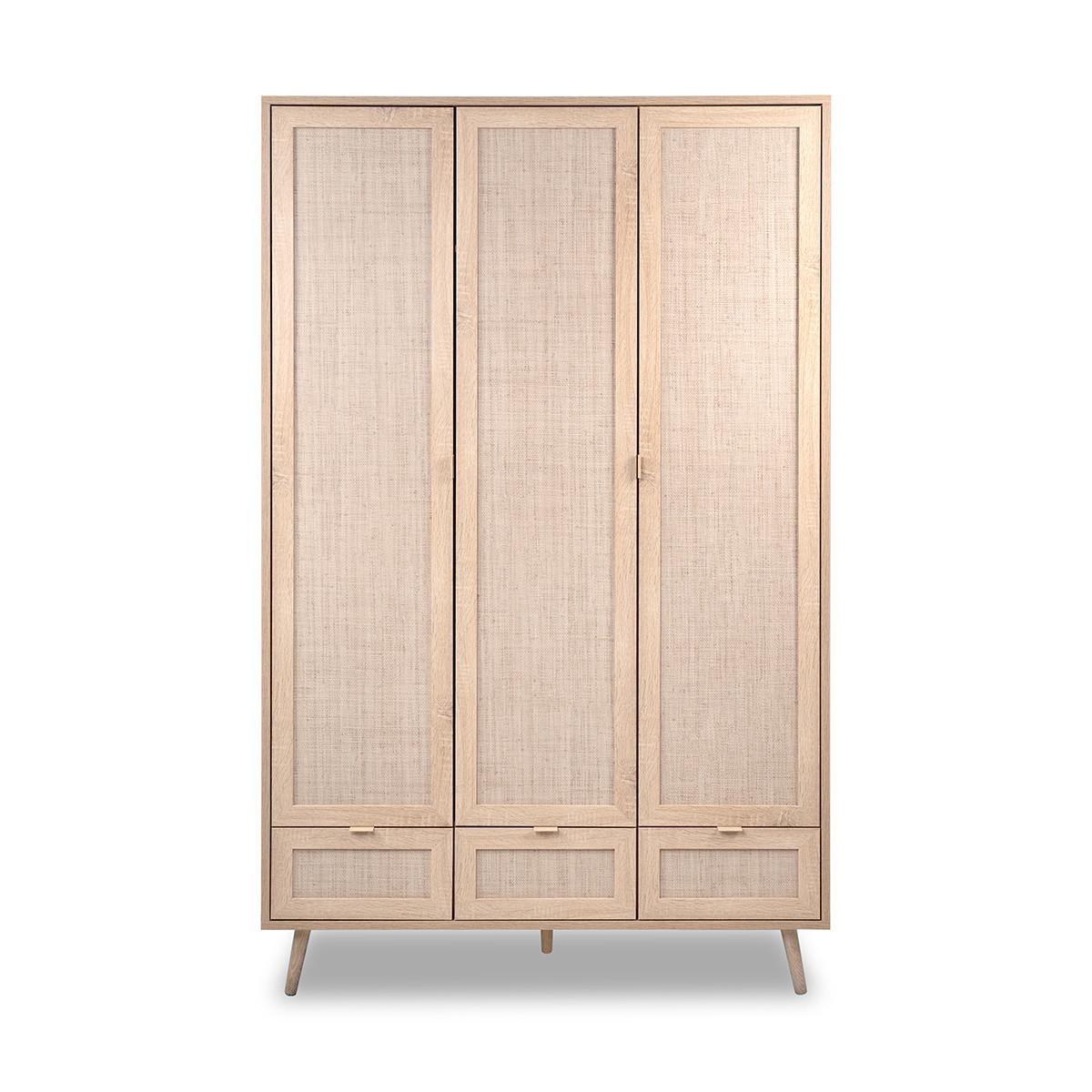 SCHRANK mit 3 Türen, 3 Schubladen, 2 Kleiderstangen L120cm - Rattan-Druck - Bali - Eschefarben, Holzwerkstoff (55/195/5.5cm) - Calicosy