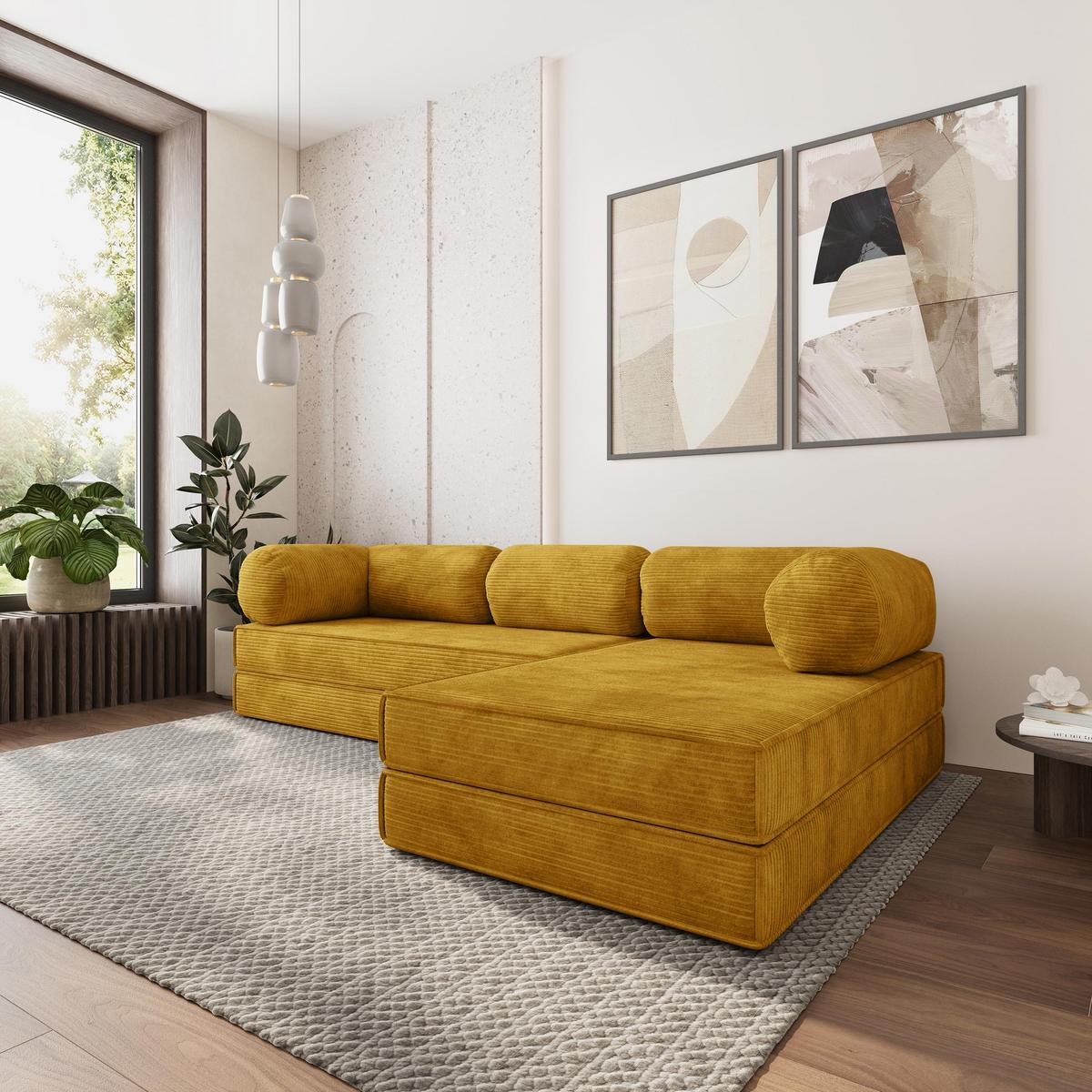 ECKSOFA ETERA modulares Boneless Sofa mit Schlaffunktion Gelb Kordstoff - Gelb, Textil (270/160cm) - MASSENO