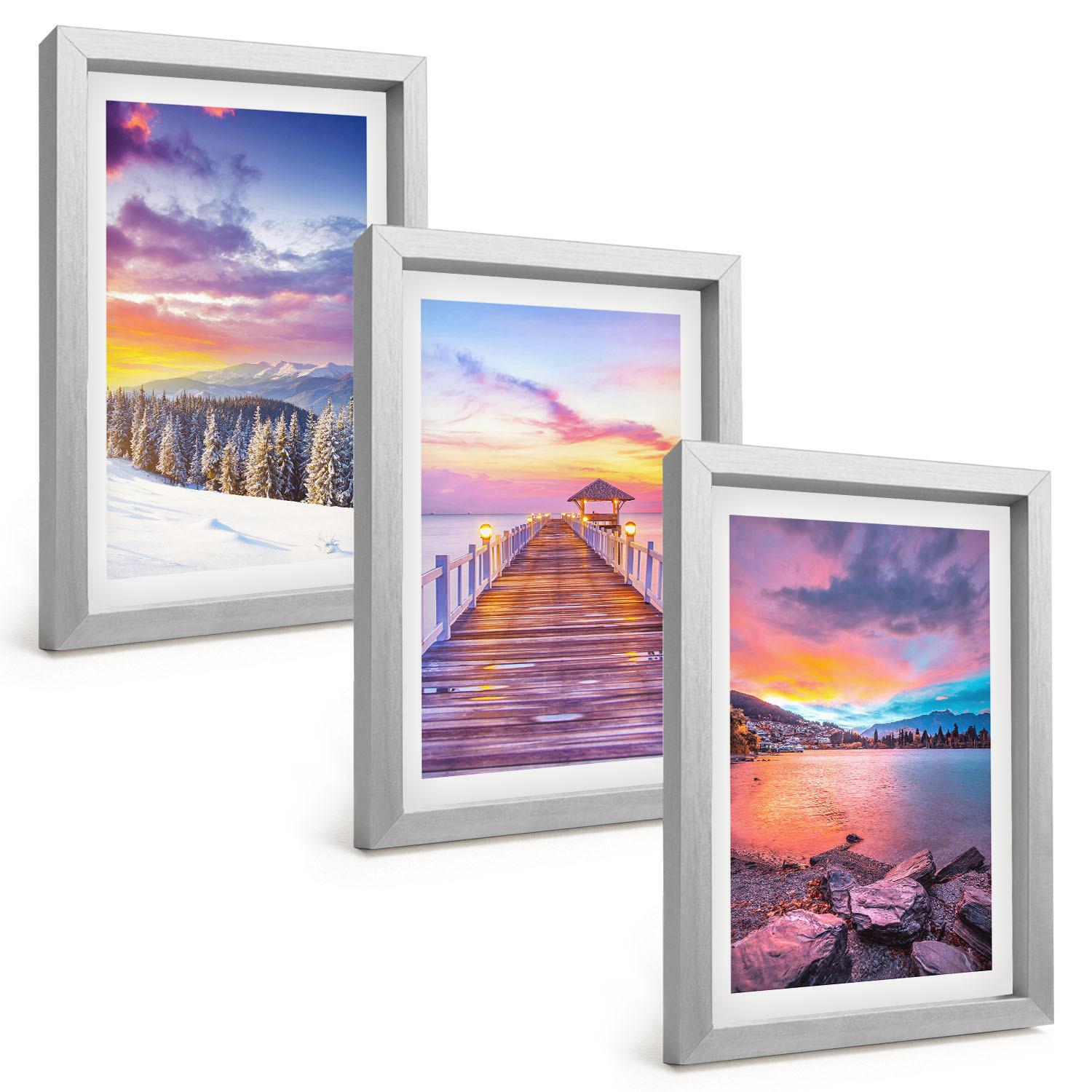 BILDER SET 3er Set - 20x30 cm Silberner Rahmen - Winterliche Bergseelandschaft - Silberfarben, Kunststoff (20/30cm) - TULUP