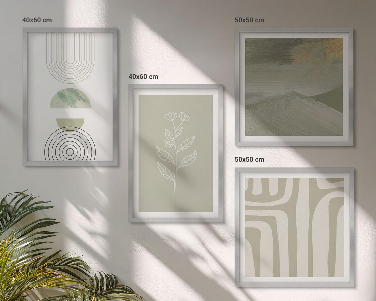 BILDER SET 4er Set - 50x50 cm & 40x60 cm Silberner Rahmen - Geometrische Pflanzenmuster - Silberfarben, Kunststoff (50/50cm) - TULUP