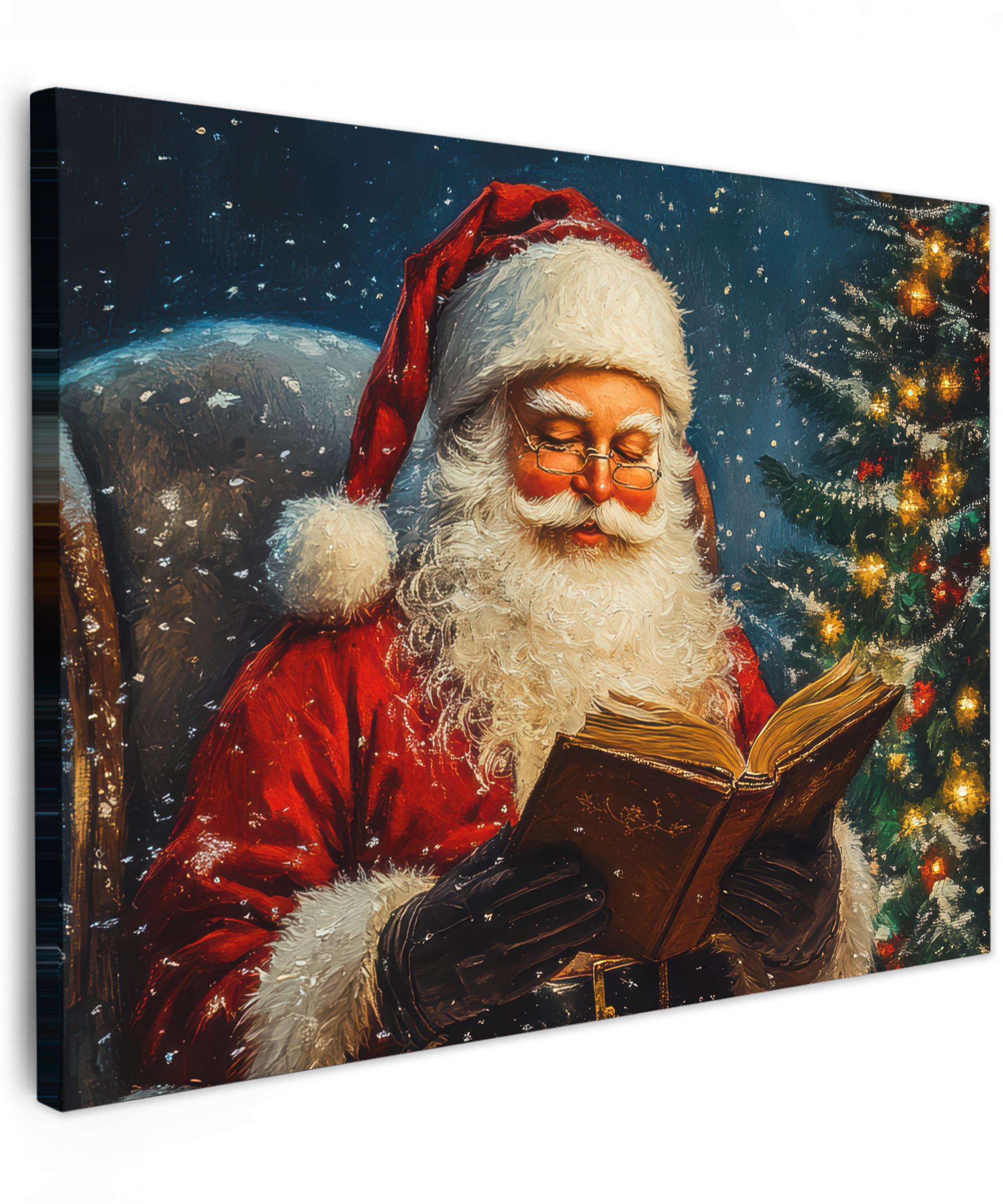 LEINWANDBILD Weihnachtsmann - Weihnachten - Winter - Weihnachtsbaum Wandbilder 80x60 cm - Bordeaux, Textil (80/60cm) - MuchoWow