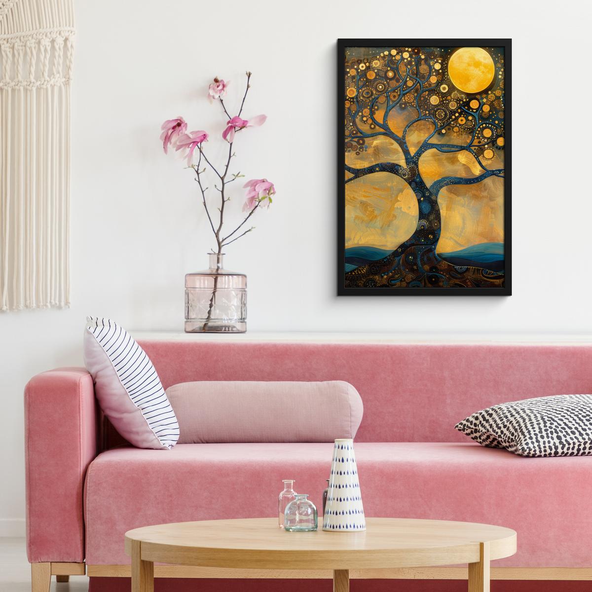POSTER MIT RAHMEN Baum - Mond - Blumen - Gold - Kunst Bilder mit Rahmen 40x60 cm - Orange, Papier (40/60cm) - MuchoWow