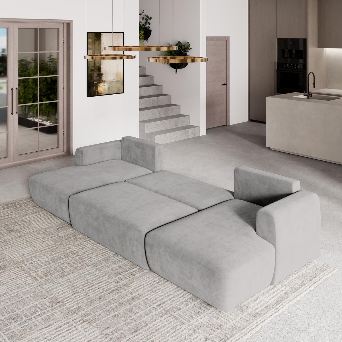 WOHNLANDSCHAFT SENTUM K Hellgrau Plüsch-Stoff mit Schlaffunktion - Hellgrau/Schwarz, Holz/Kunststoff (330/90/148cm) - MASSENO