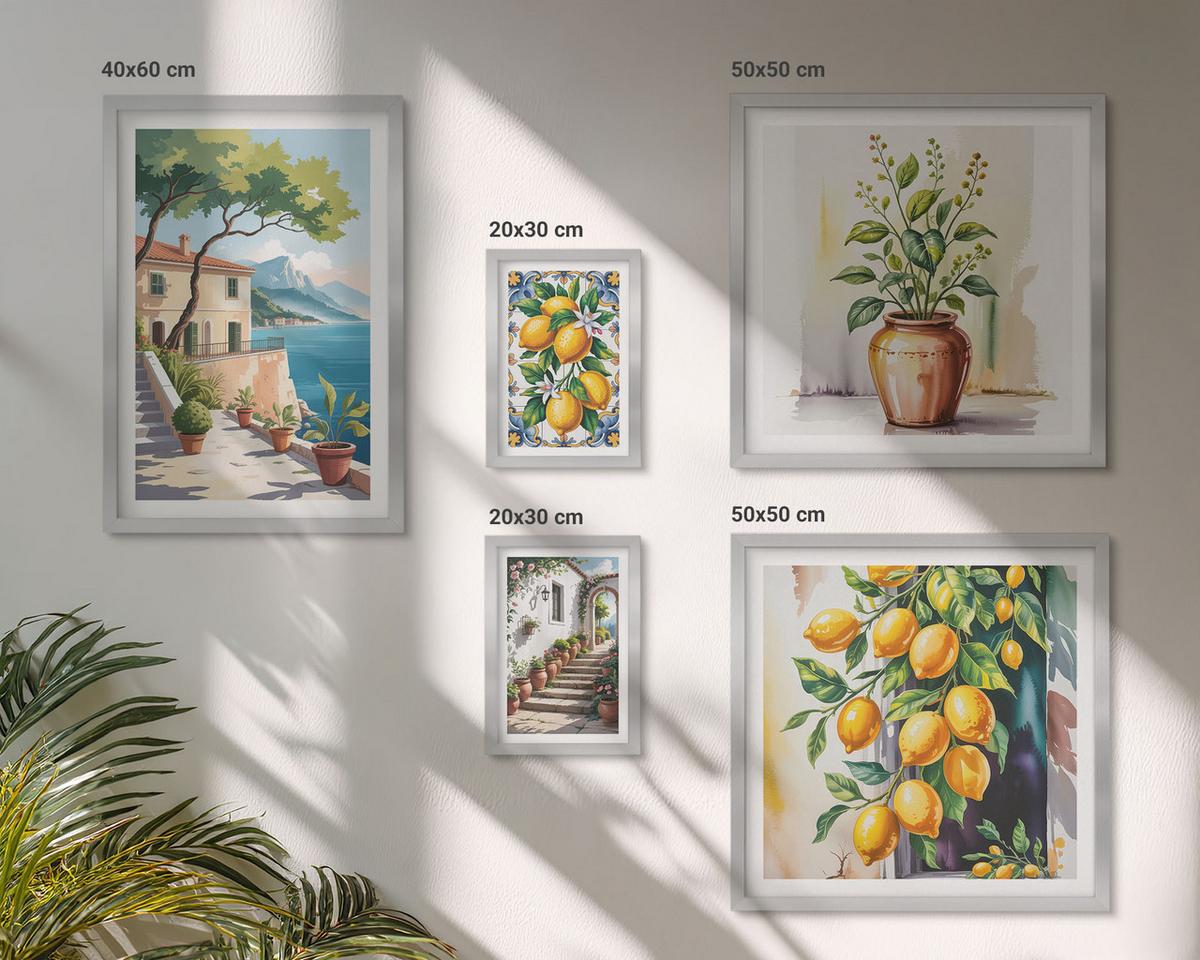 BILDER SET 5er Set - 50x50 cm & 20x30 cm & 40x60 cm Silberner Rahmen - Zitrusbaum im Fenster am Meer - Silberfarben, Kunststoff (40/60cm) - TULUP