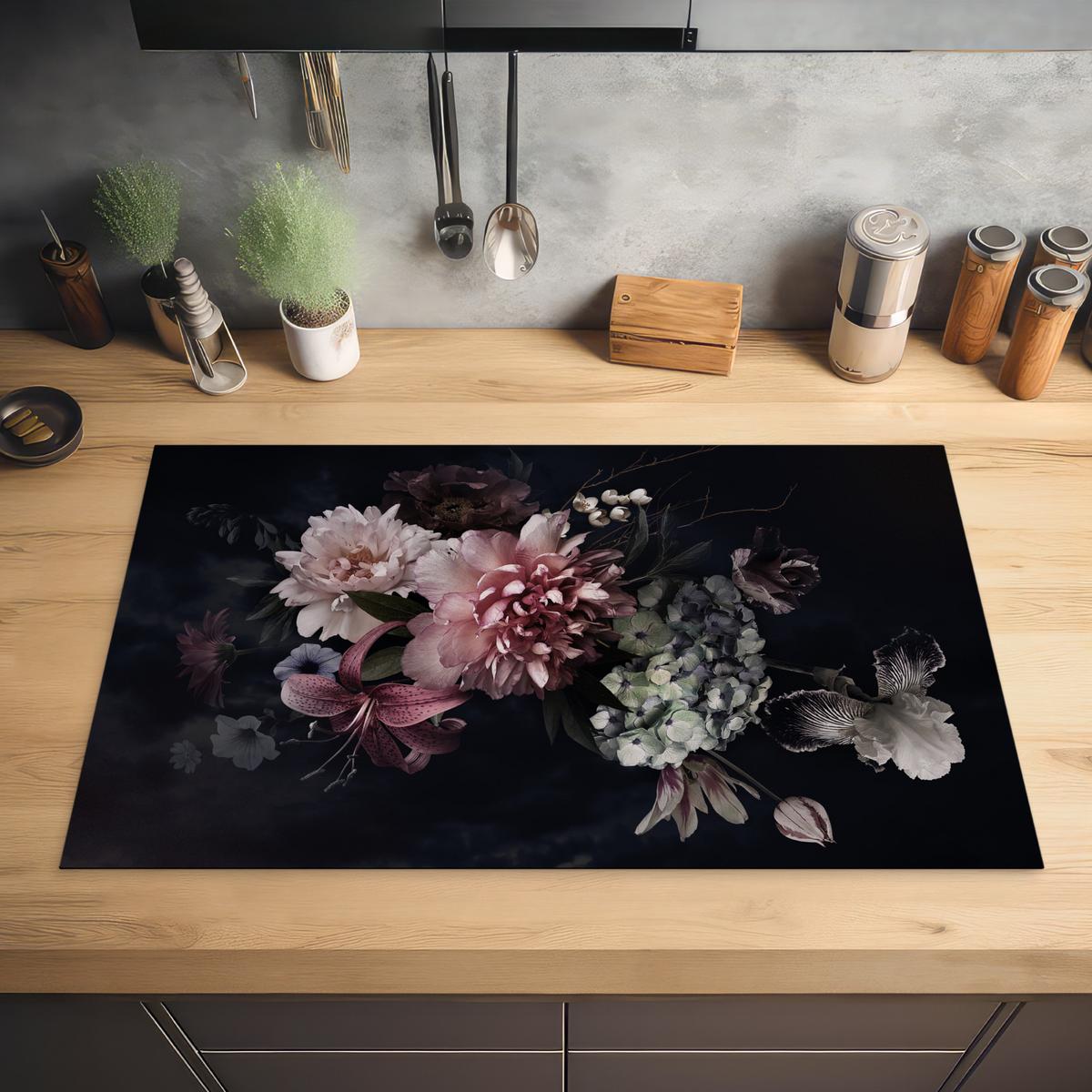 HERDABDECKPLATTE Blumen - Vintage - Pastell - Rosa - Weiß Ceranfeldabdeckung 85x52 cm - Altrosa, Kunststoff (85/52/0.2cm) - MuchoWow