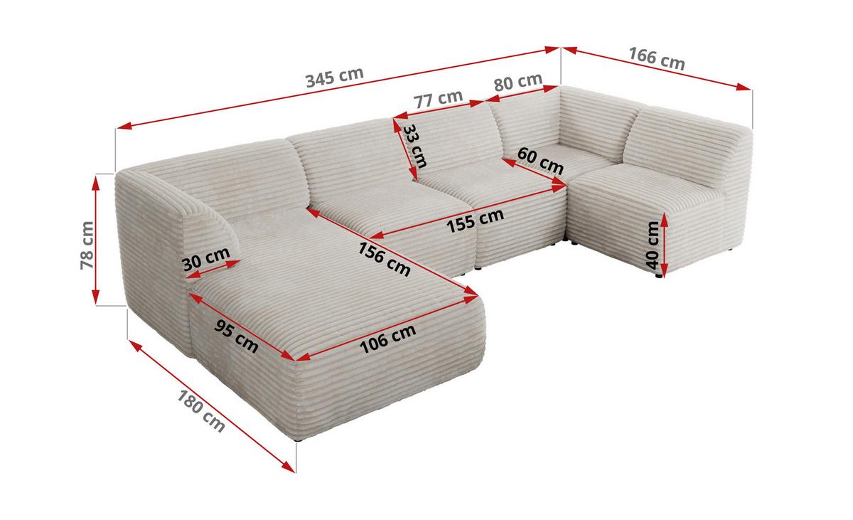 WOHNLANDSCHAFT MODARO U 5M - Beige Cord - Links - Beige/Schwarz, Textil (180/78/345cm) - MKS