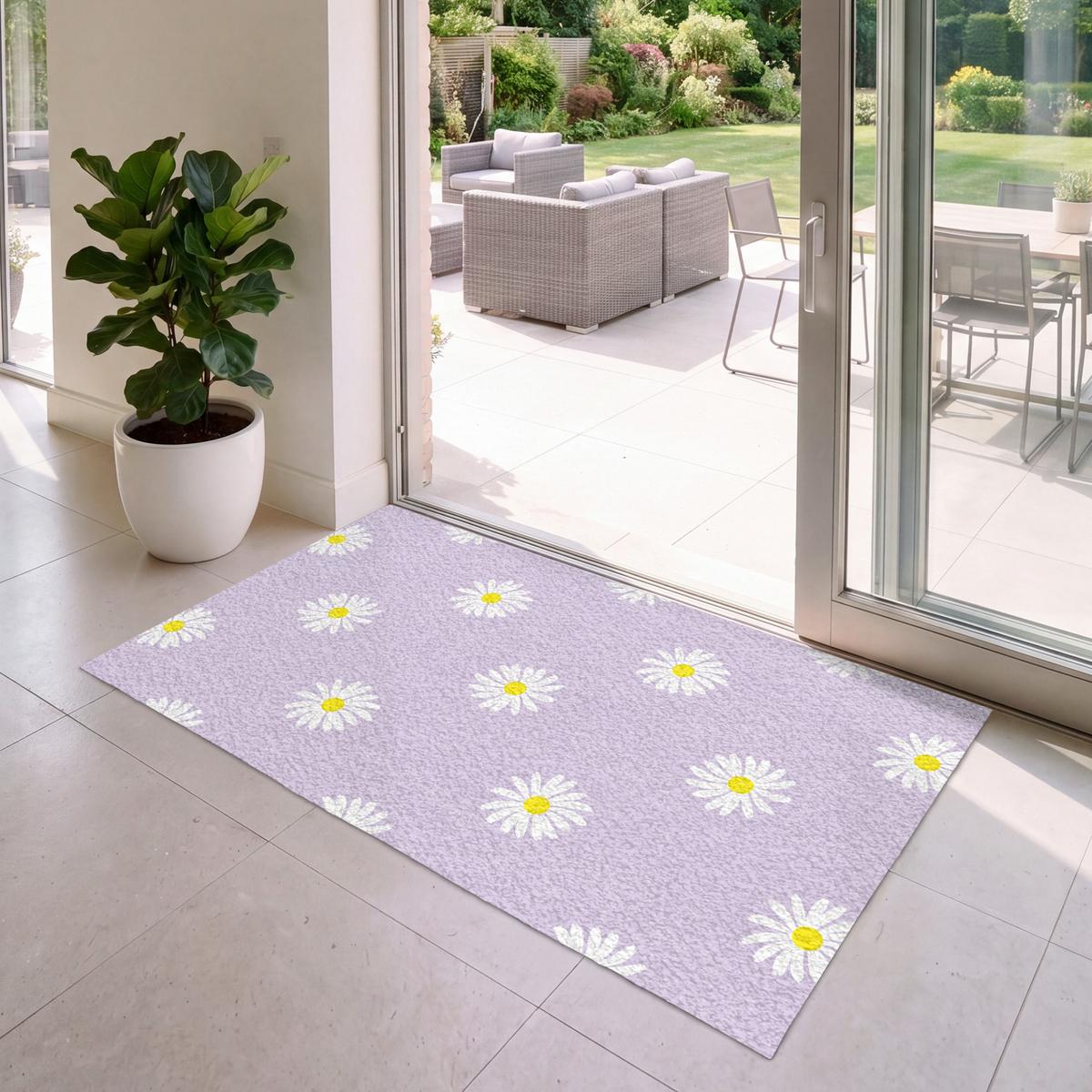 FUSSMATTE Gänseblümchen - Pastell - Weiß - Lila - Blumen Sauberlaufmatte 150x90 cm - Flieder, Kunststoff (150/0.4cm) - MuchoWow