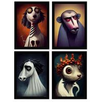 POSTER Set mit 4 Neugierig Tier im T Burton Goth Stil A4 Rahmenlos - Klar, Papier (29.7/3cm) - Nacnic