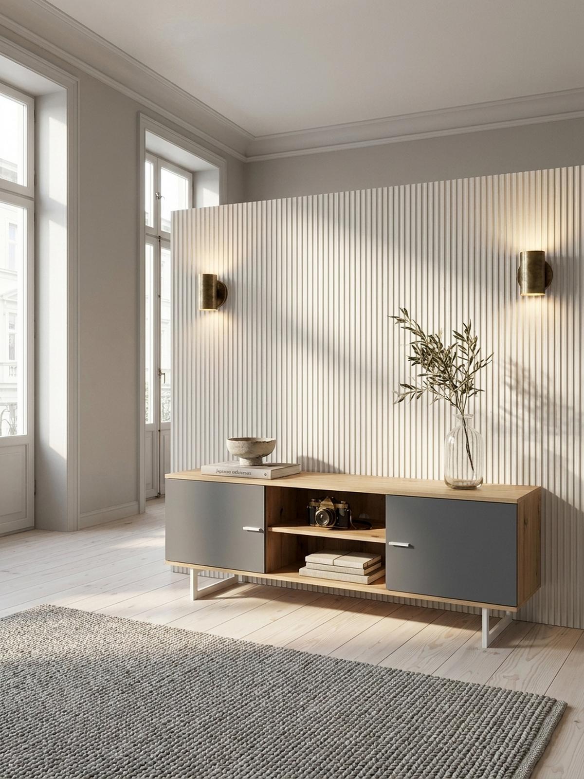 TV-LOWBOARD mit Eiche-Dekor und 2 Türen, modern, Braun-Grau 150x40x55 cm - Silberfarben/Braun, Holzwerkstoff/Metall (150/55/40cm) - KADIMA DESIGN