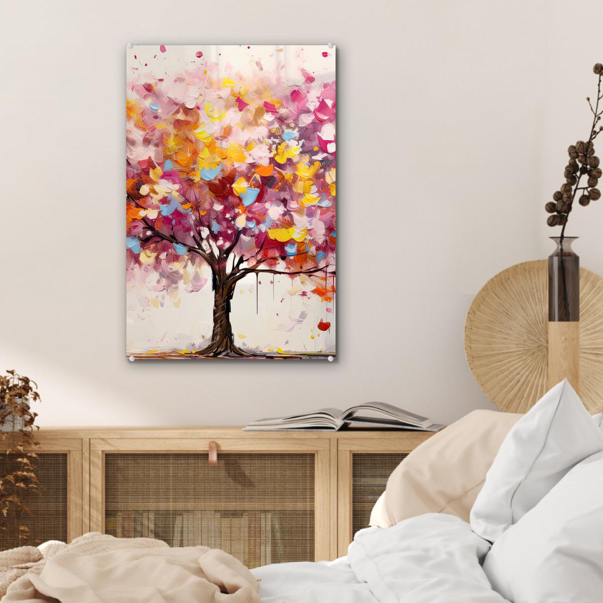 ACRYLGLASBILD Aquarell - Baum - Kunst - Abstrakt Wanddeko Wohnzimmer 40x60 cm - Multicolor, Glas (40/60cm) - MuchoWow