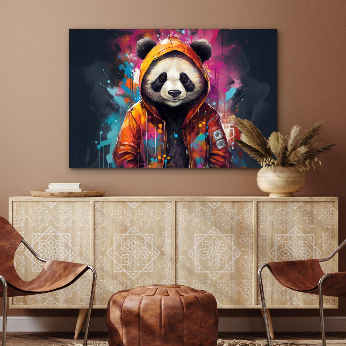 METALLBILD Panda - Jacke - Graffiti - Orange Wanddeko 90x60 cm - Orange, Metall (90/60cm) - MuchoWow