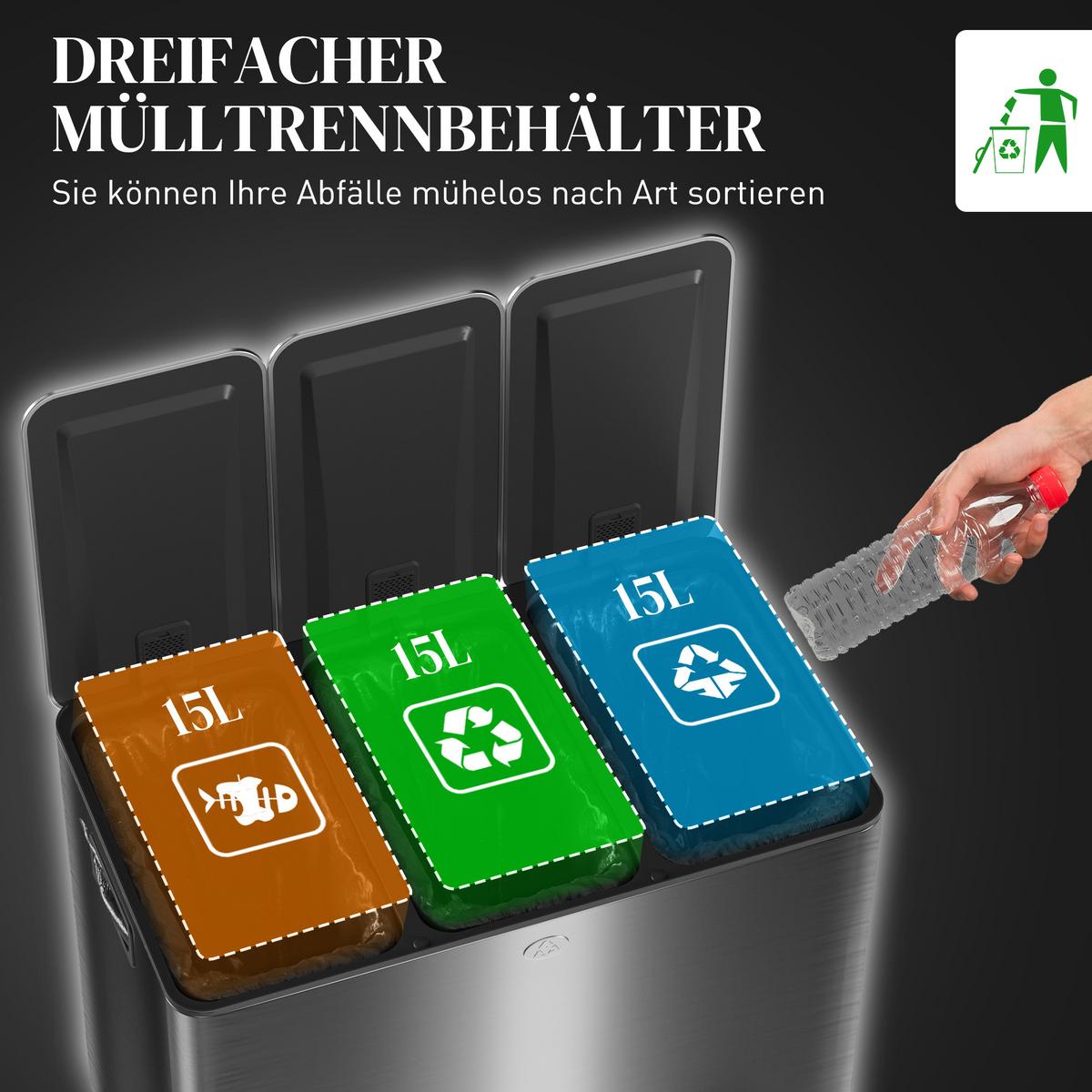 MÜLLEIMER 3x15L Abfalleimer aus Edelstahl mit Softclose Deckel Deodorant-Fächern - Anthrazit, Metall (36.6/43.2/61.9cm) - HOMCOM