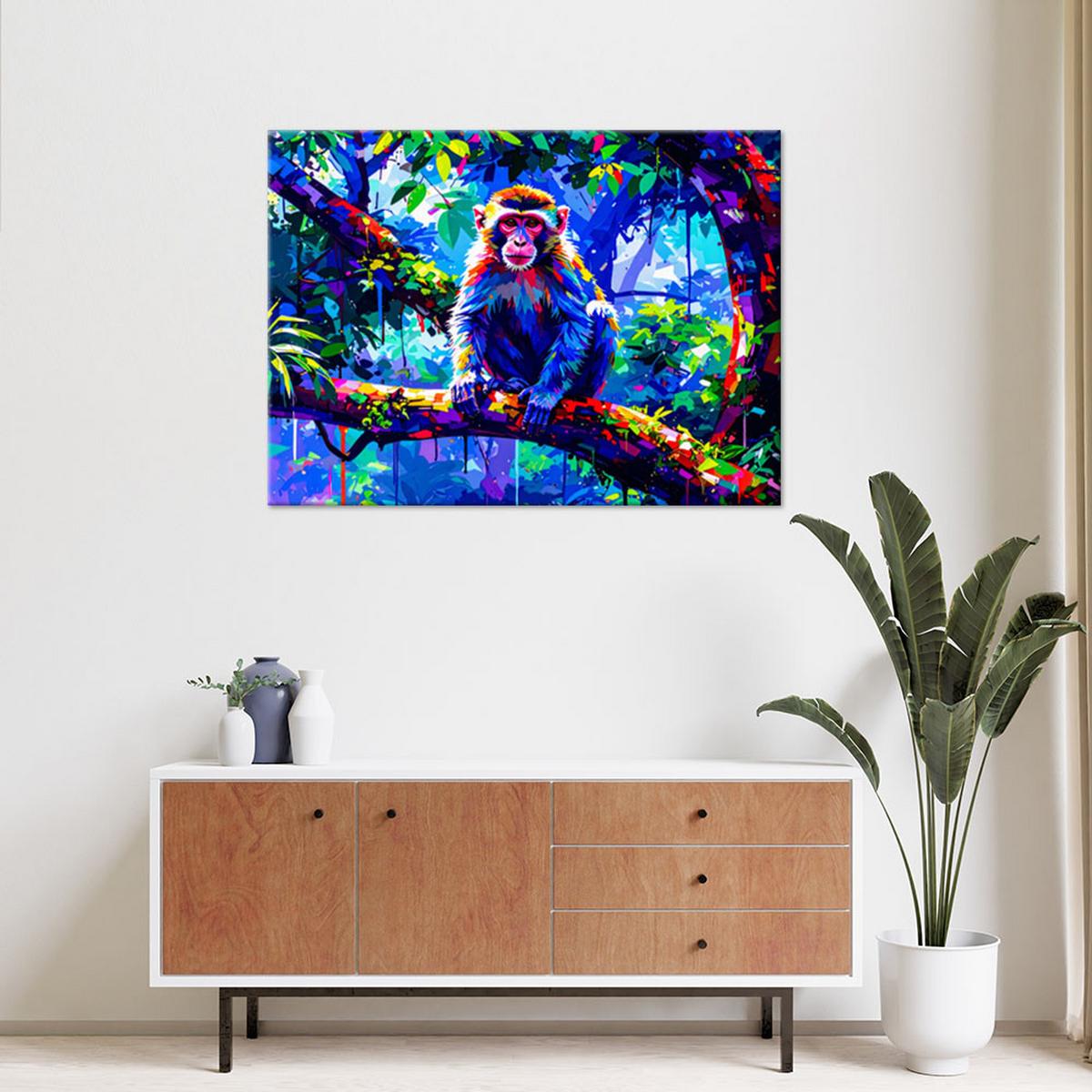 LEINWANDBILD Bunter Affe auf einem Ast 90x60cm - Multicolor, Textil (90/60cm) - Feeby