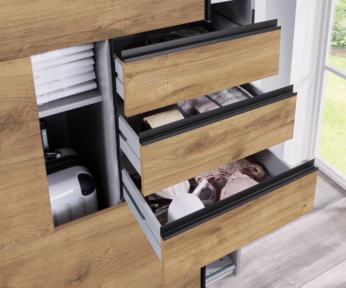 SCHWEBETÜRENSCHRANK 3-türig B270/H208/64 cm, Eiche Dekor, eine Spiegeltür, Kleiderschrank mit Schubladen & Vollausstattung / 22612 - Eichefarben/Schwarz, Holzwerkstoff/Metall (270/208/64cm) - luma-home