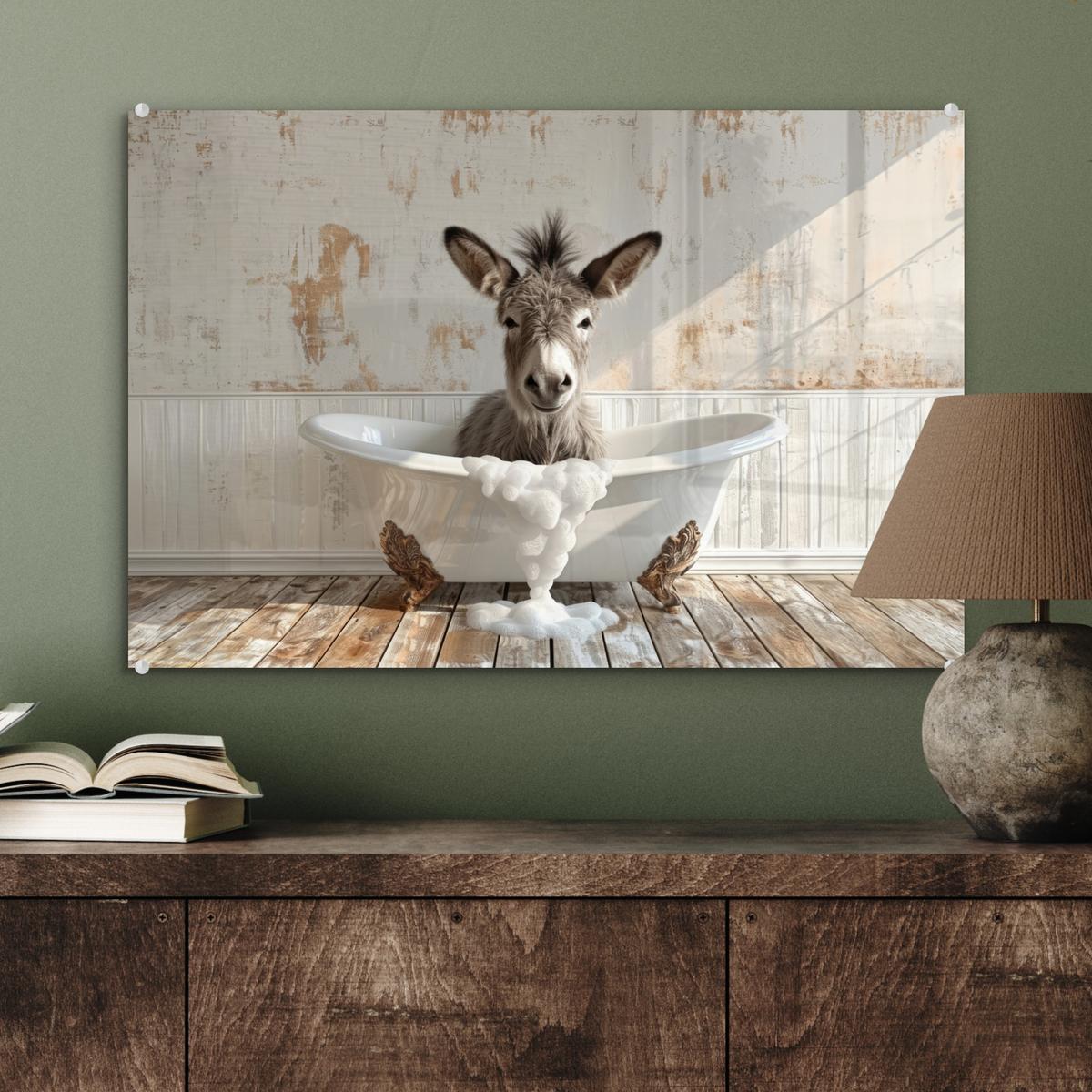 ACRYLGLASBILD Esel - Tiere - Badewanne - Schaumstoff Wanddeko 60x40 cm - Weiß, Glas (60/40cm) - MuchoWow
