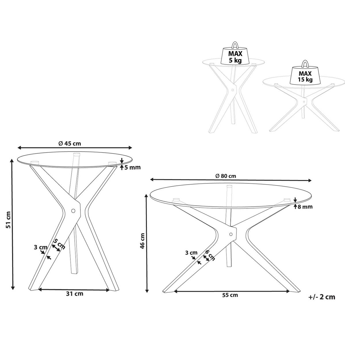 COUCHTISCH 2er-Set Rund Transparent, Hell Holz Valley 80/80 cm - Transparent, Glas (80/80/46cm) - Beliani