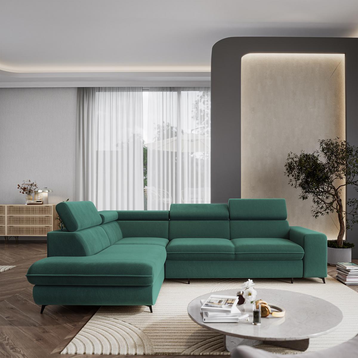 ECKSOFA VELISS Blau Veloursstoff mit Schlaffunktion - Blau, Holz (255/193cm) - MASSENO